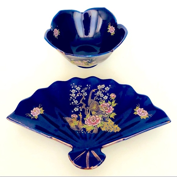 Japan Other - Antique Japanese Porcelain Fan Plate & Flowers Bowl Cobalt Blue. Collectible